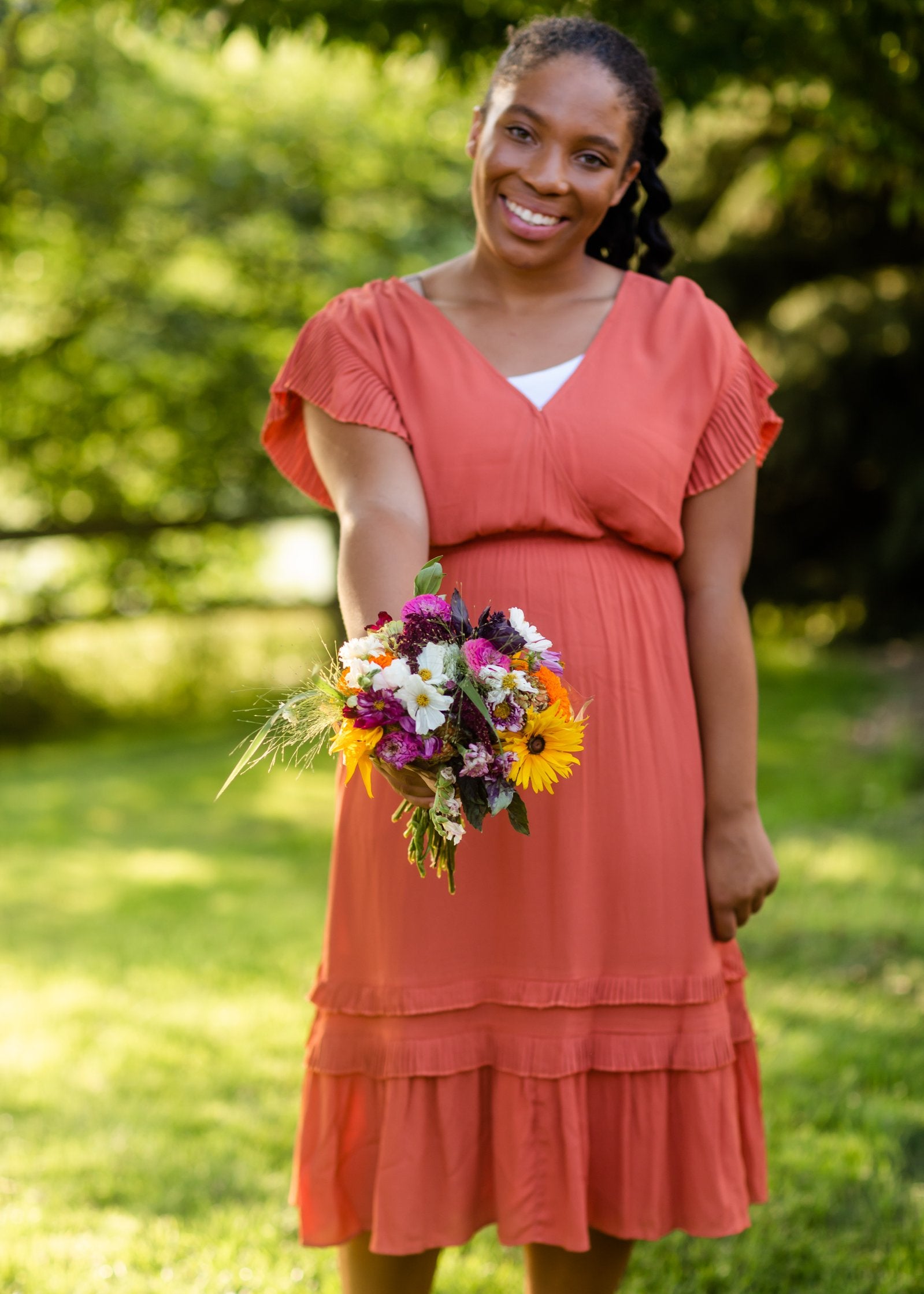 Rust Tiered Pleated Ruffle Midi Dress Dresses VOY