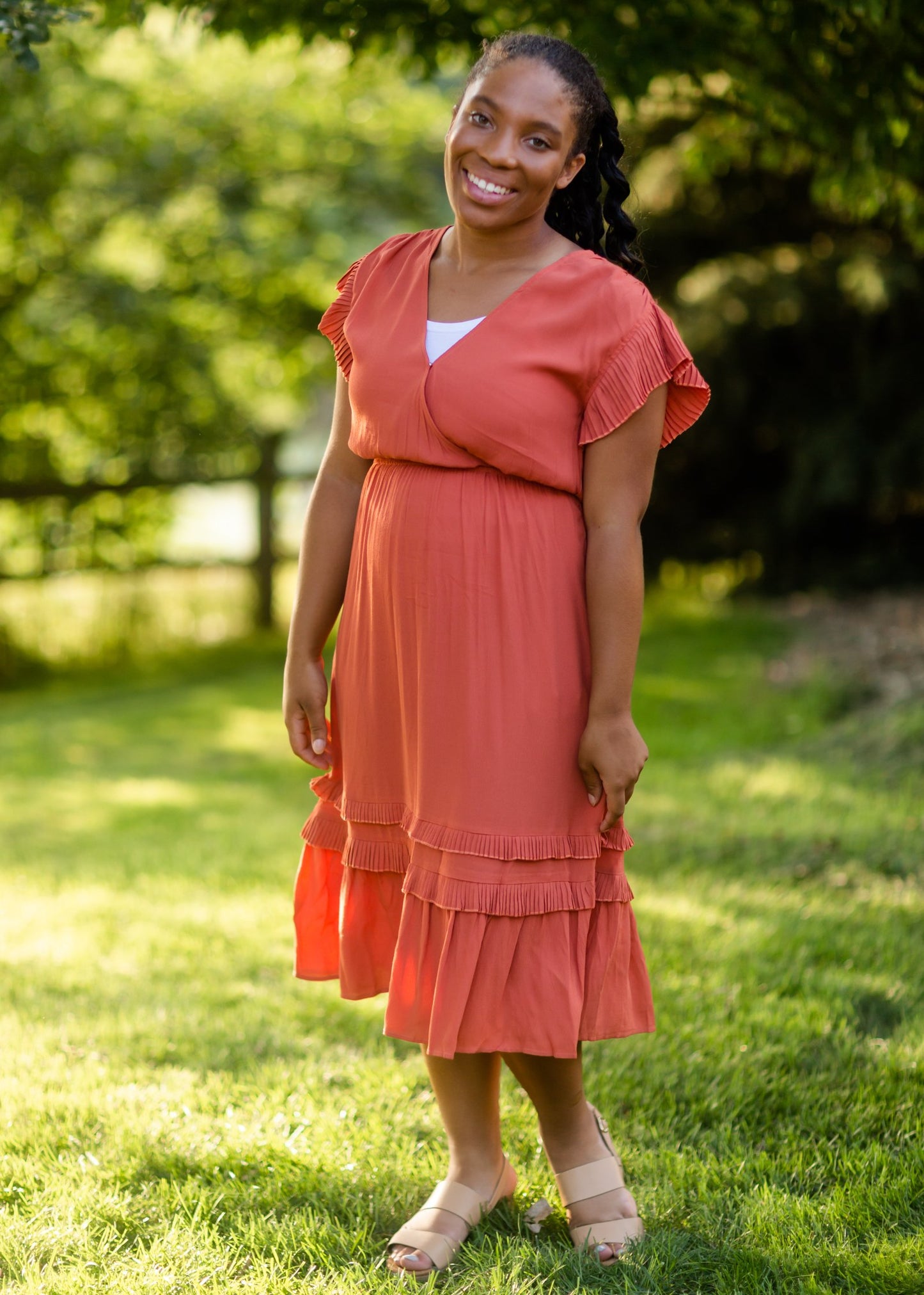 Rust Tiered Pleated Ruffle Midi Dress Dresses VOY