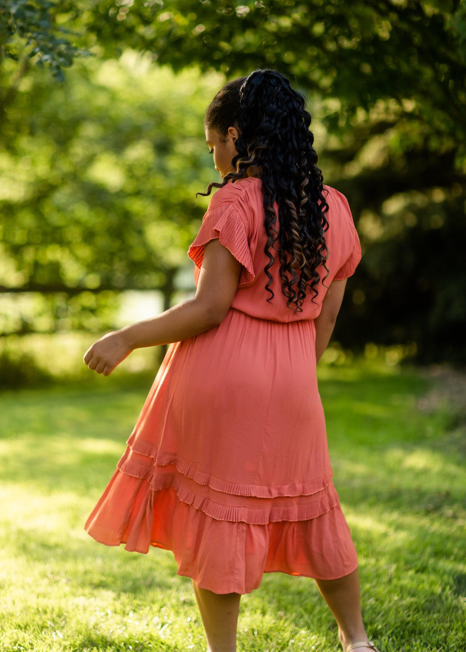 Rust Tiered Pleated Ruffle Midi Dress Dresses VOY