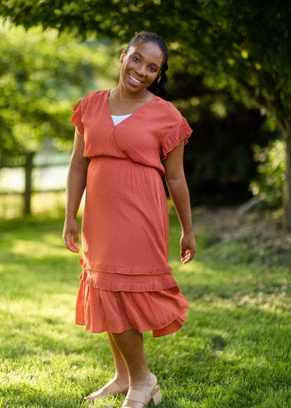 Rust Tiered Pleated Ruffle Midi Dress Dresses VOY