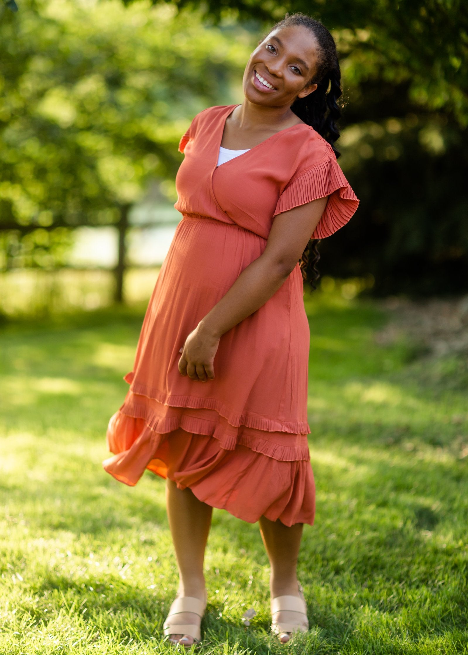 Rust Tiered Pleated Ruffle Midi Dress Dresses VOY