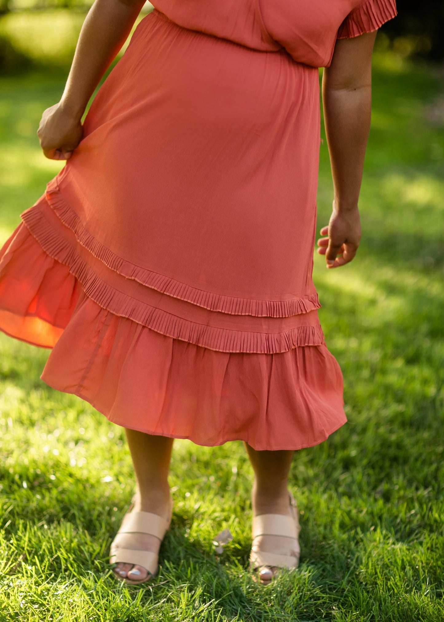 Rust Tiered Pleated Ruffle Midi Dress Dresses VOY