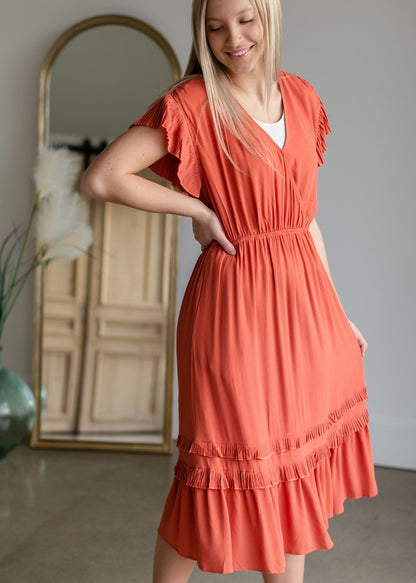 Rust Tiered Pleated Ruffle Midi Dress Dresses VOY