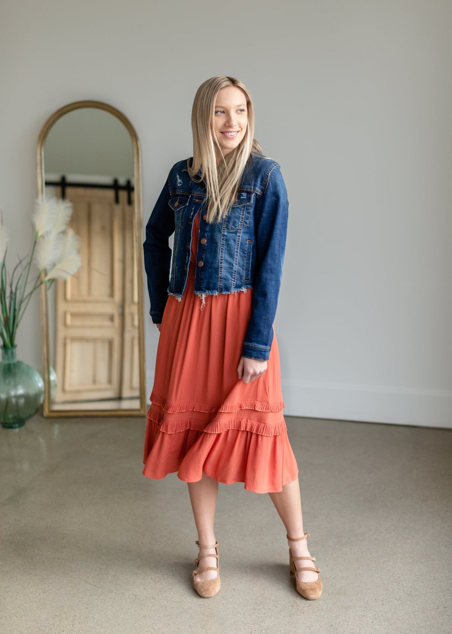 Rust Tiered Pleated Ruffle Midi Dress Dresses VOY