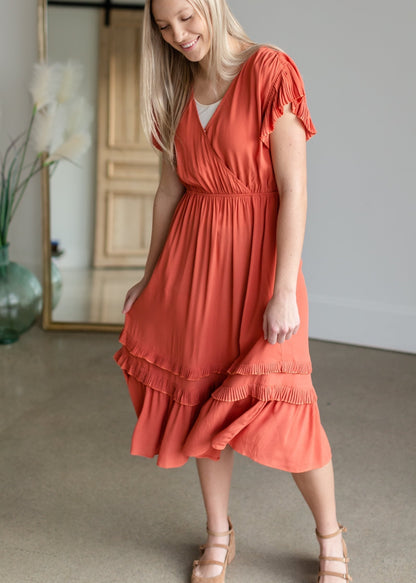 Rust Tiered Pleated Ruffle Midi Dress Dresses VOY