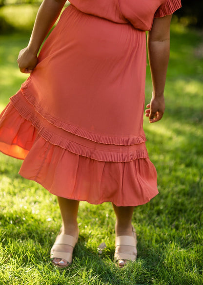 Rust Tiered Pleated Ruffle Midi Dress-FINAL SALE Dresses VOY