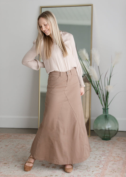 Ruth A-Line Long Khaki Skirt Skirts Inherit Co.