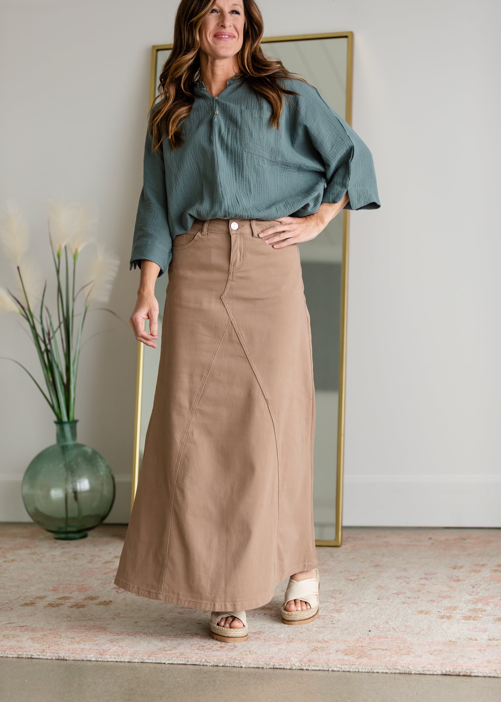 Ruth A-Line Long Khaki Skirt Skirts Inherit Co.