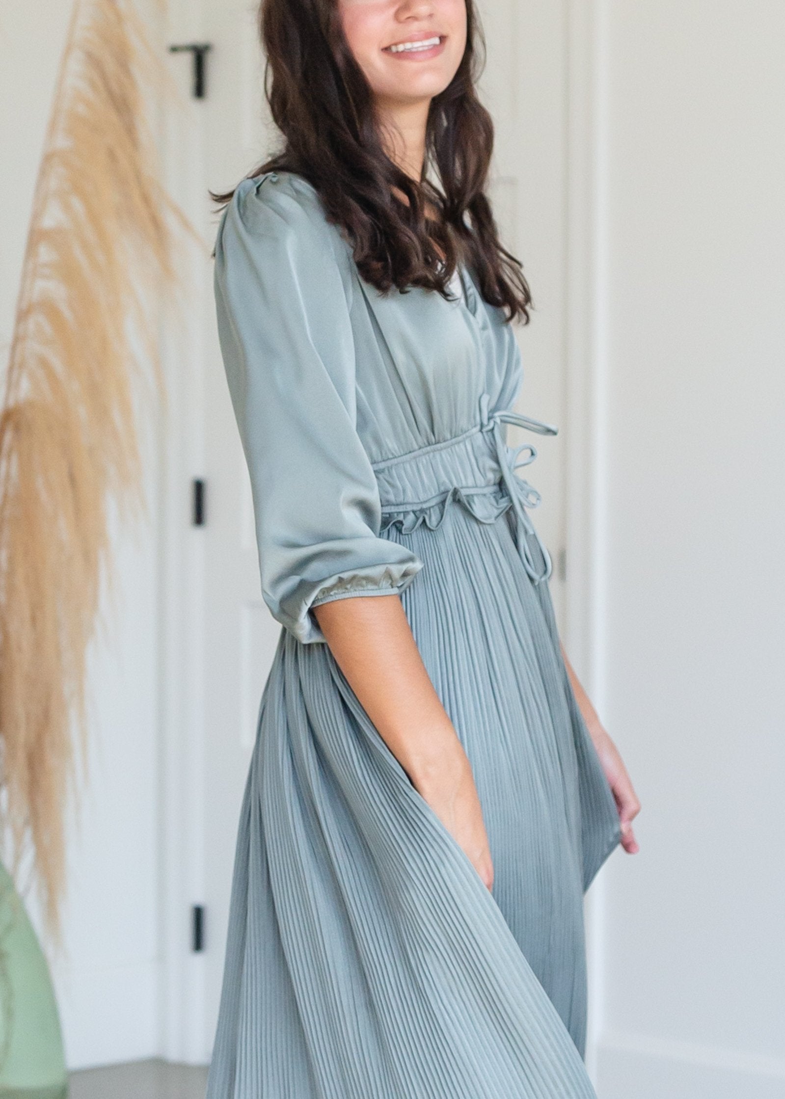 Sage Satin Pleated 3/4 Sleeve Midi Dress Dresses Polagram + BaeVely