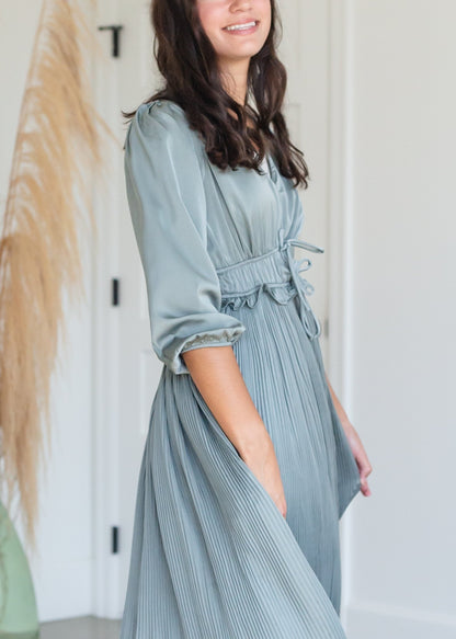 Sage Satin Pleated 3/4 Sleeve Midi Dress Dresses Polagram + BaeVely