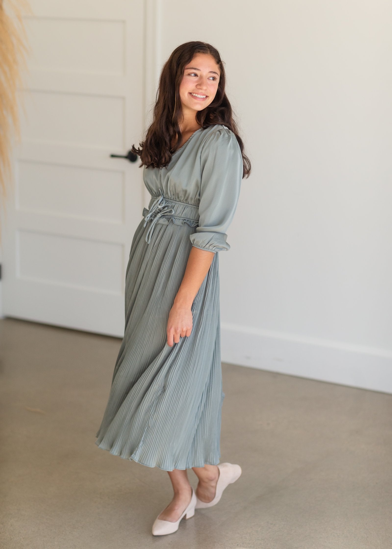 Sage Satin Pleated 3/4 Sleeve Midi Dress Dresses Polagram + BaeVely