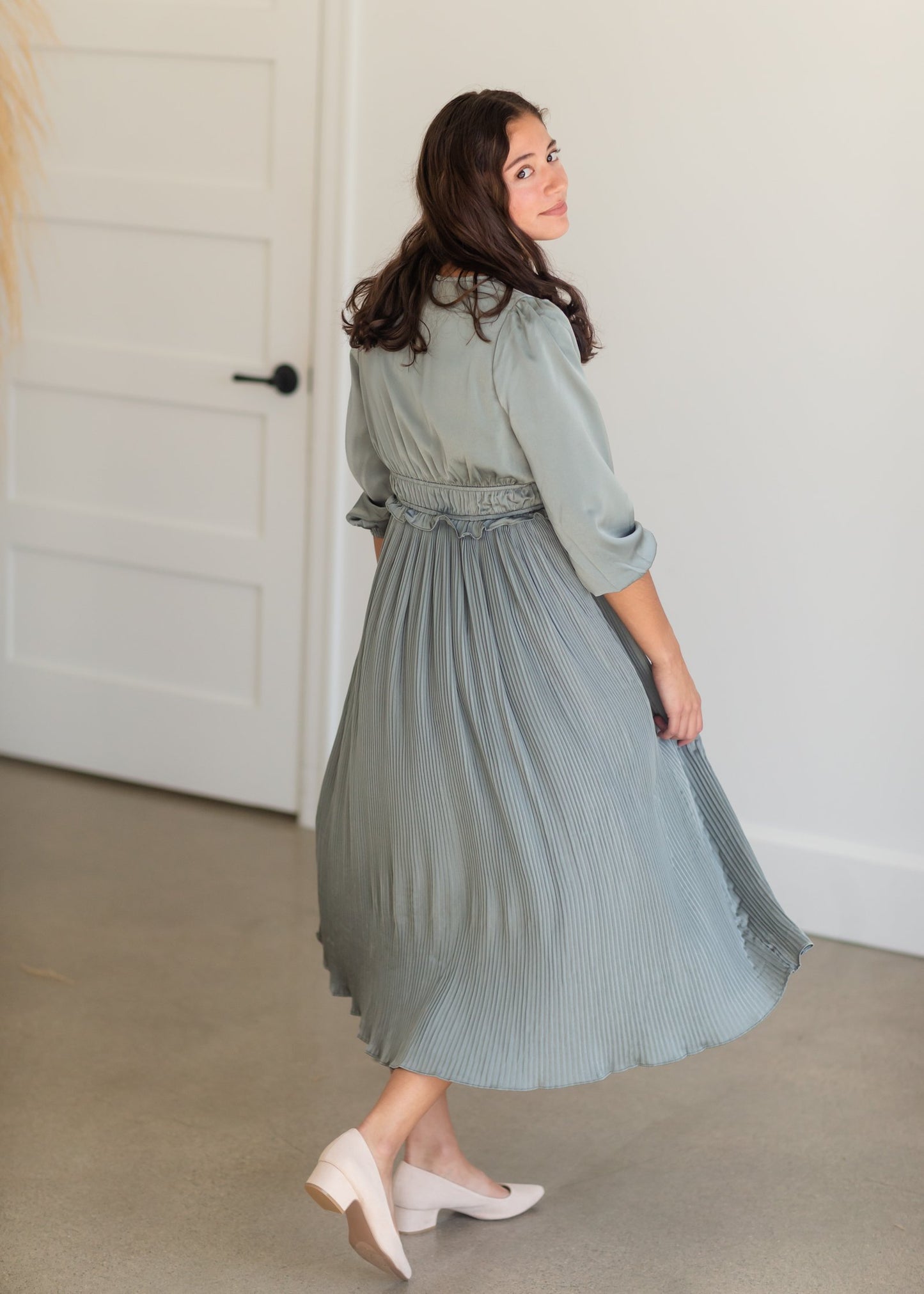 Sage Satin Pleated 3/4 Sleeve Midi Dress Dresses Polagram + BaeVely