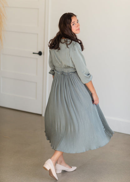 Sage Satin Pleated 3/4 Sleeve Midi Dress Dresses Polagram + BaeVely