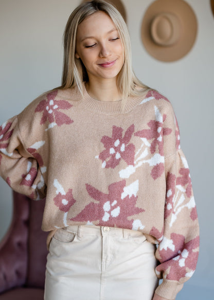 Sand Floral Print Sweater Tops Polagram