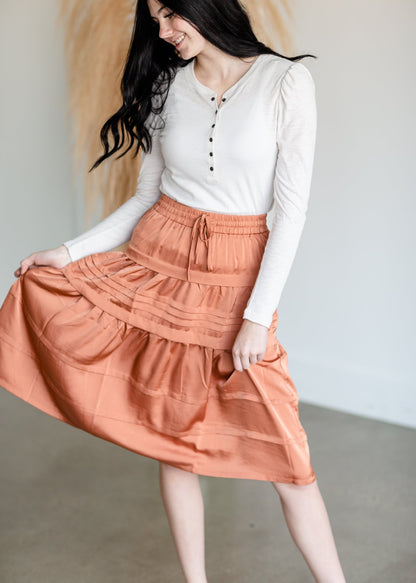 Satin Ruffle Tiered Midi Skirt Skirts Pinch