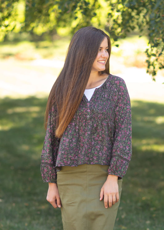 Smocked Bodice Floral Long Sleeve Top Tops