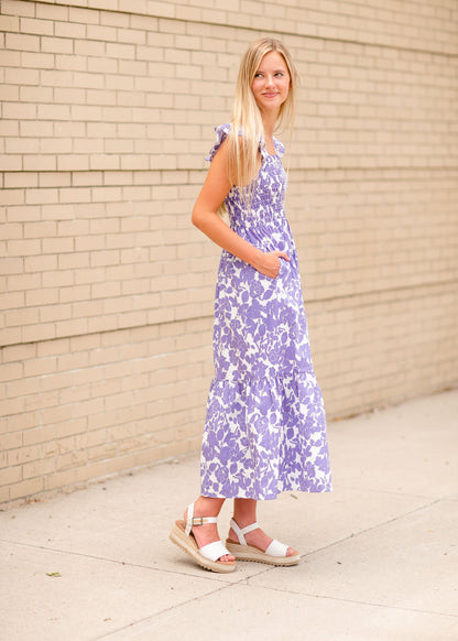 Smocked Bodice Flower Print Maxi Dress Dresses