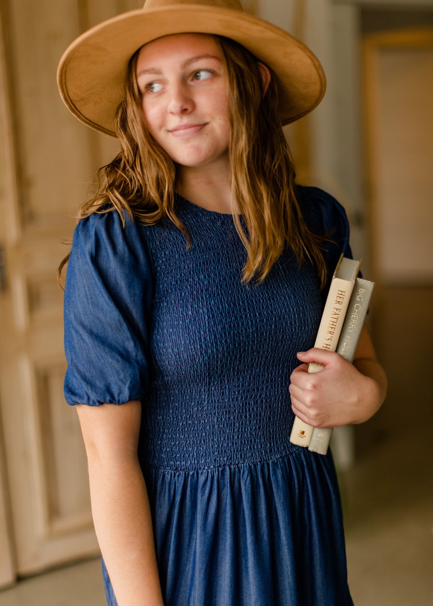 Smocked Bodice Puff Sleeve Tiered Denim Midi Dress Dresses Given Kale