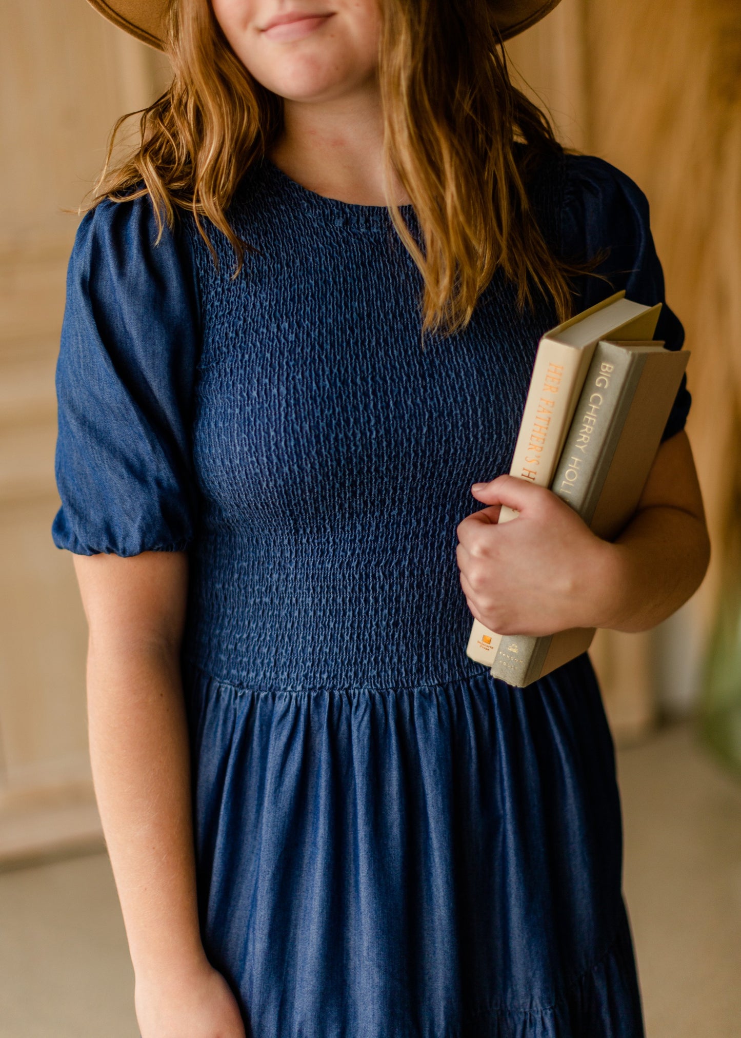 Smocked Bodice Puff Sleeve Tiered Denim Midi Dress Dresses Given Kale