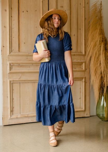 Smocked Bodice Puff Sleeve Tiered Denim Midi Dress Dresses Given Kale