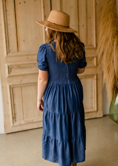 Smocked Bodice Puff Sleeve Tiered Denim Midi Dress Dresses Given Kale