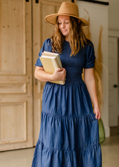 Smocked Bodice Puff Sleeve Tiered Denim Midi Dress Dresses Given Kale