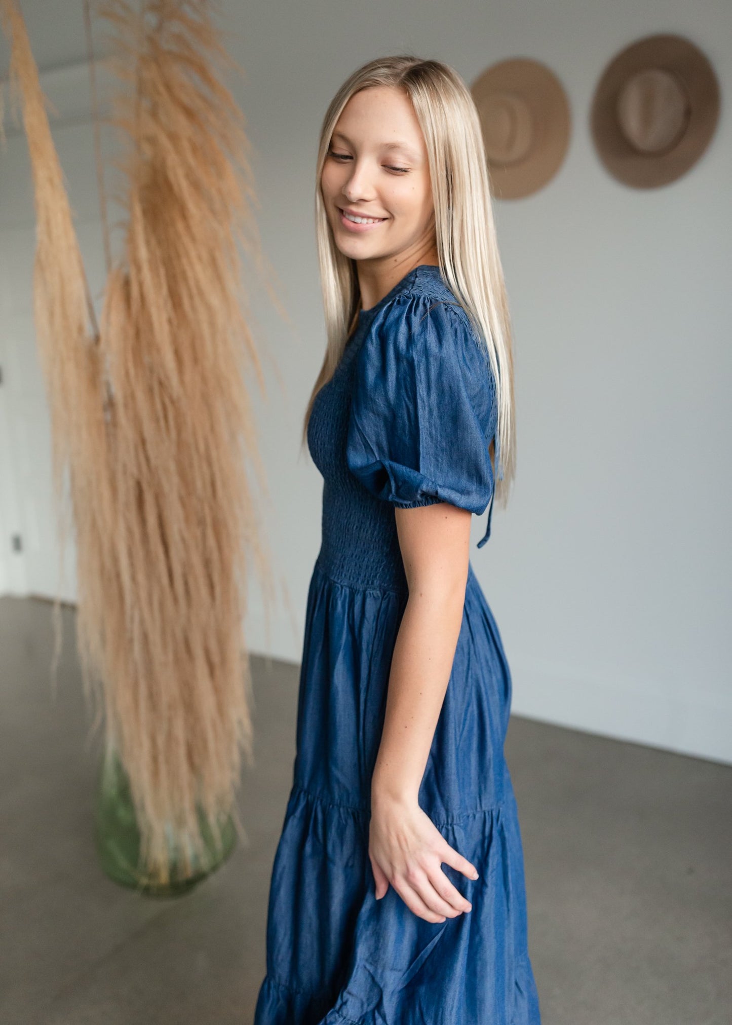 Smocked Bodice Puff Sleeve Tiered Denim Midi Dress Dresses Given Kale