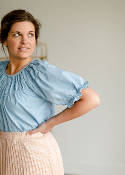 Smocked Short Sleeve Yoke Blouse Tops Polagram