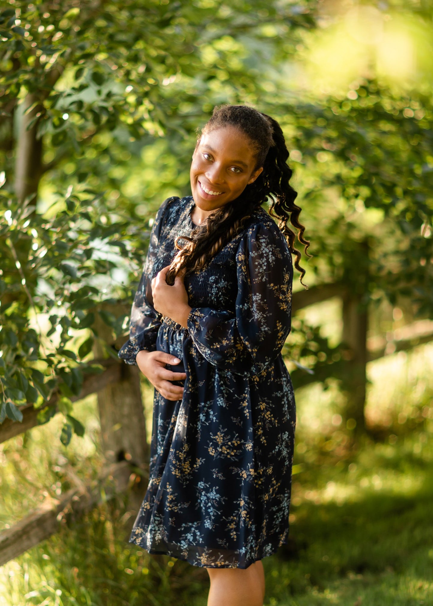 Smocked Top Navy Floral Long Sleeve Midi Dress Dresses Tea & Rose