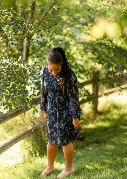 Smocked Top Navy Floral Long Sleeve Midi Dress Dresses Tea & Rose