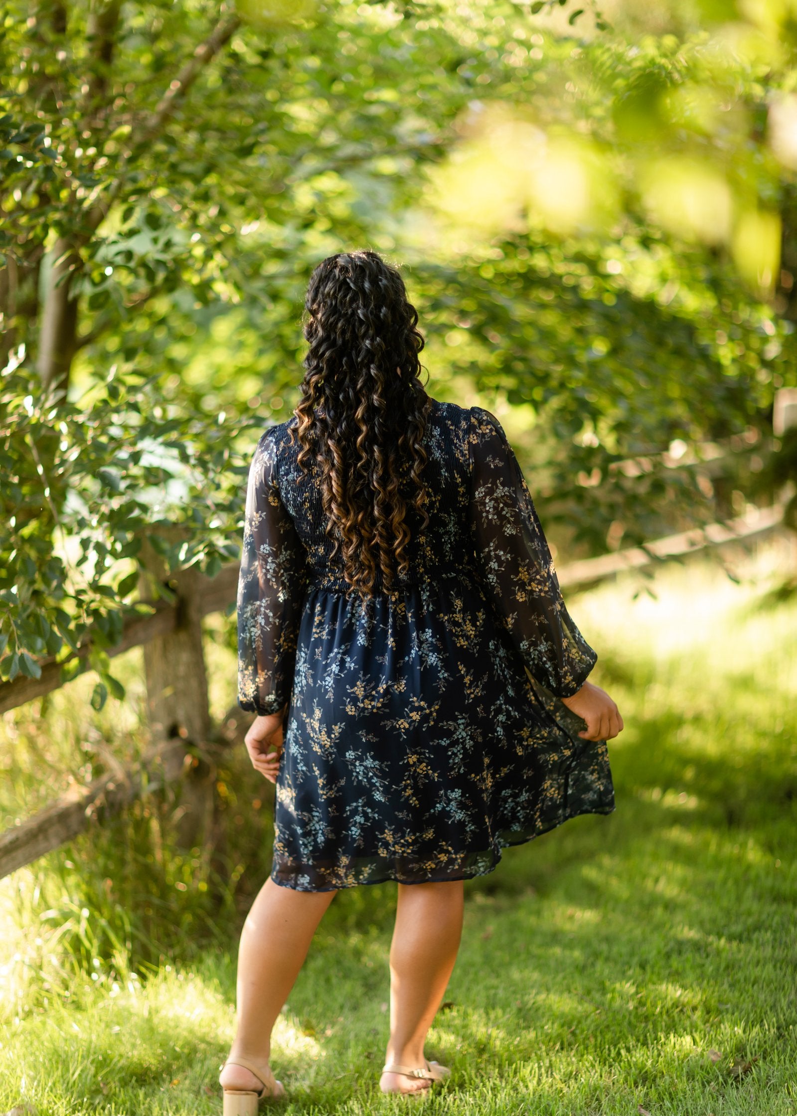 Smocked Top Navy Floral Long Sleeve Midi Dress Dresses Tea & Rose