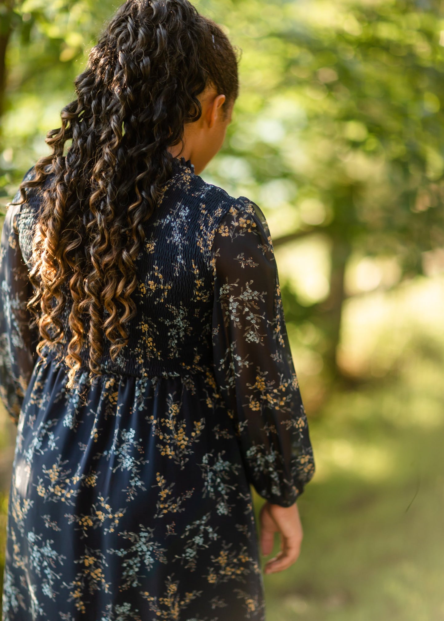 Smocked Top Navy Floral Long Sleeve Midi Dress Dresses Tea & Rose