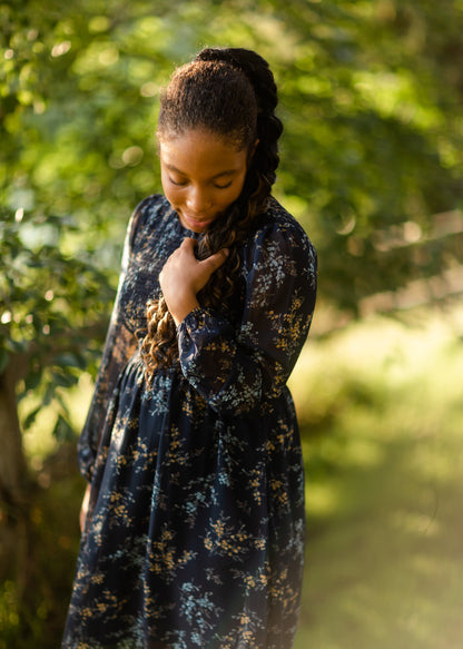 Smocked Top Navy Floral Long Sleeve Midi Dress Dresses Tea & Rose