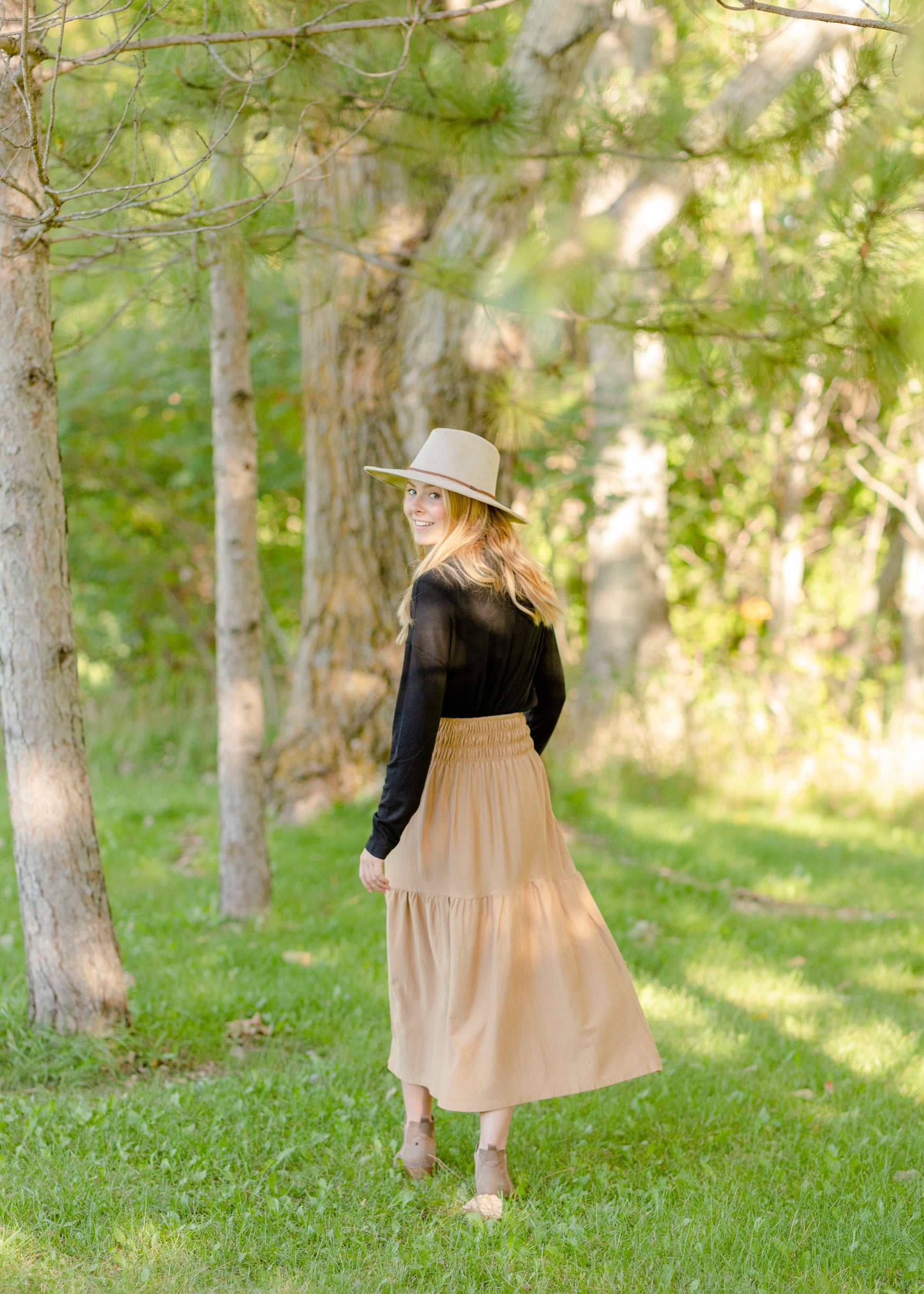 Smocked Waist Camel Maxi Skirt Skirts Tres Bien