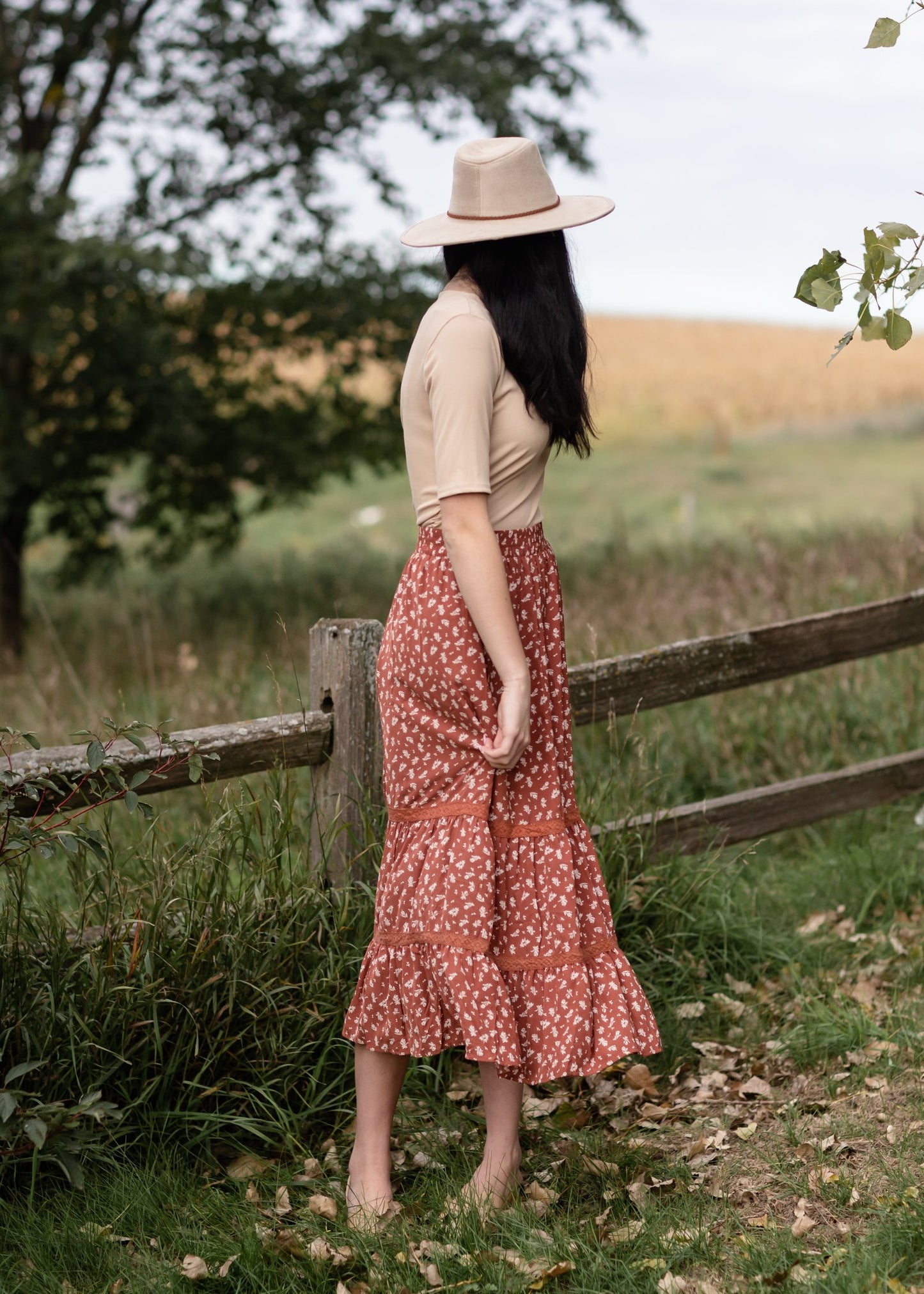 Smocked Waist Tiered Crochet Contrast Detail Midi Skirt Skirts Polagram