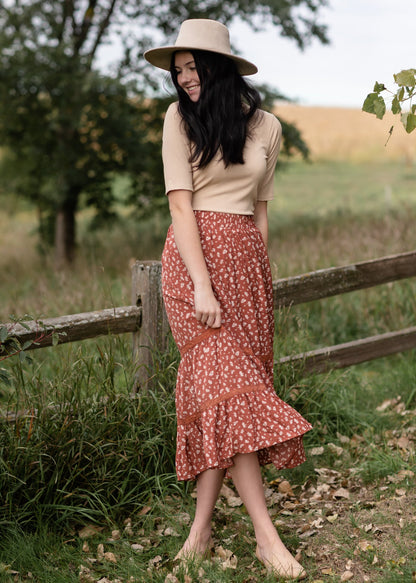 Smocked Waist Tiered Crochet Contrast Detail Midi Skirt Skirts Polagram