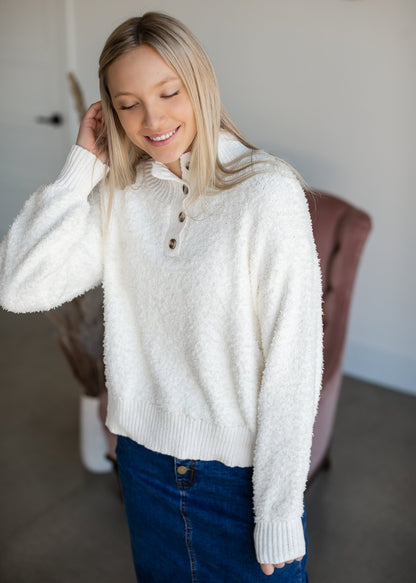 Soft Fuzzy Knit Button Pullover Sweater Tops Trend Notes