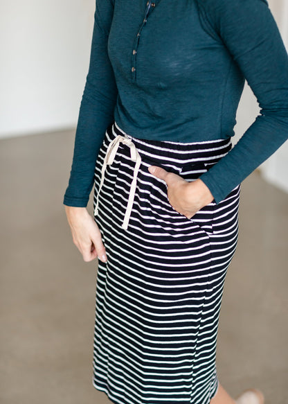 Striped Drawstring Waist Knit Midi Skirt Skirts Polagram