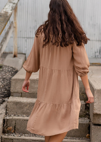 Tan Embroidered Tiered Midi Dress Dresses Polagram + BaeVely