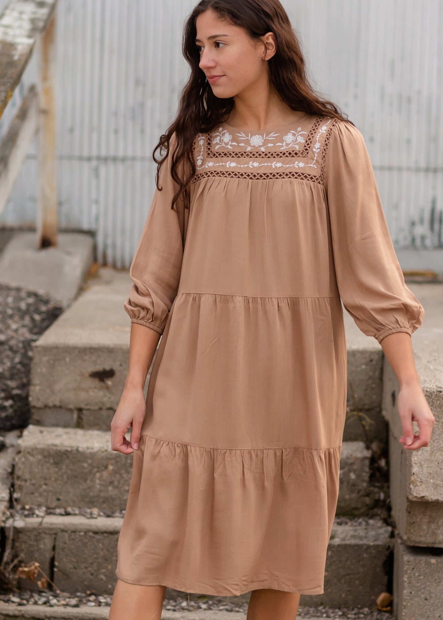 Tan Embroidered Tiered Midi Dress Dresses Polagram + BaeVely