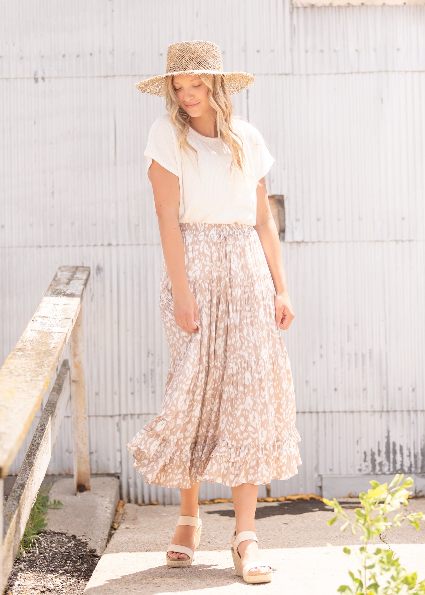 Tan Tiered Midi Skirt Skirts