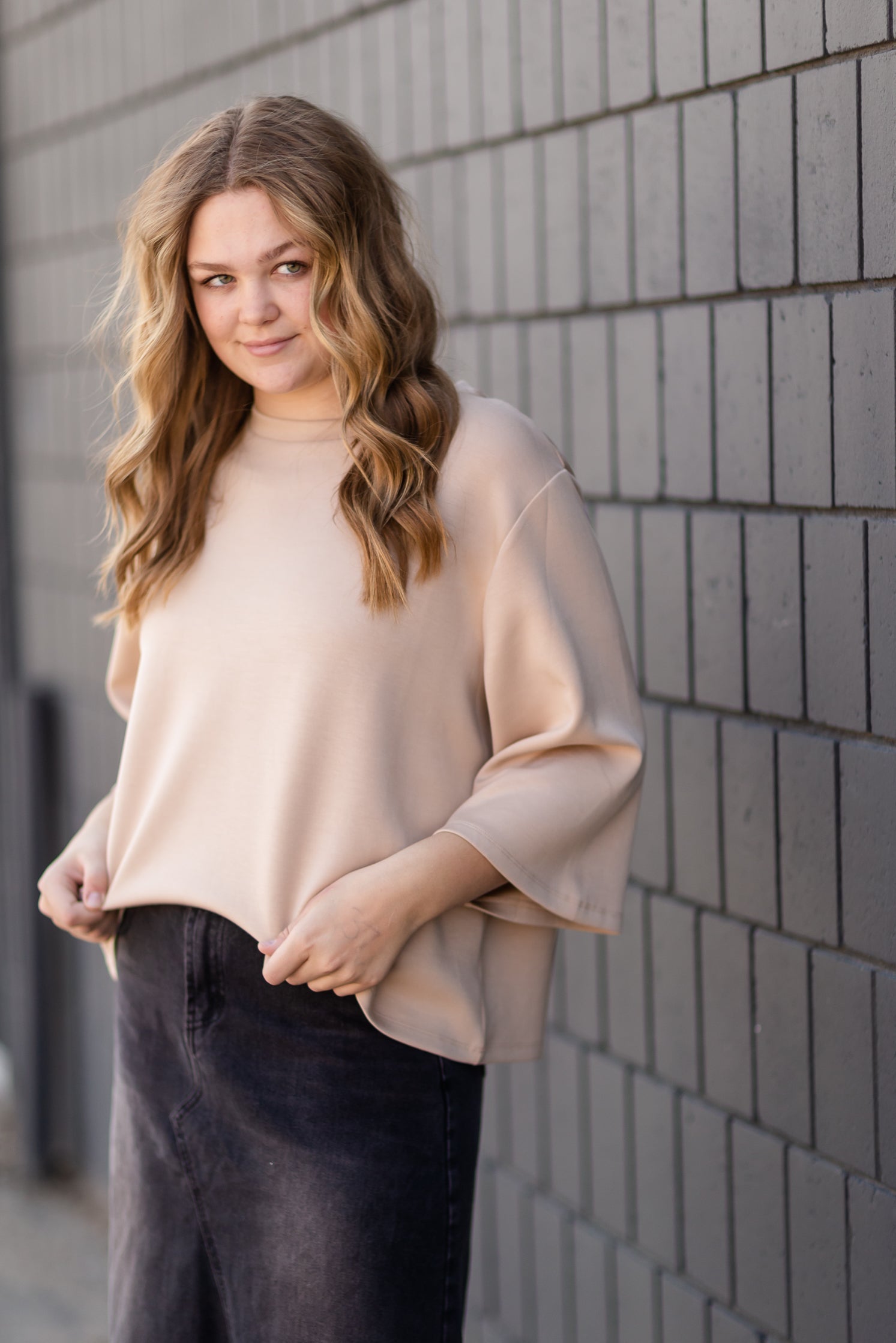 Taupe 3/4 Trumpet Sleeve Top - FINAL SALE Tops