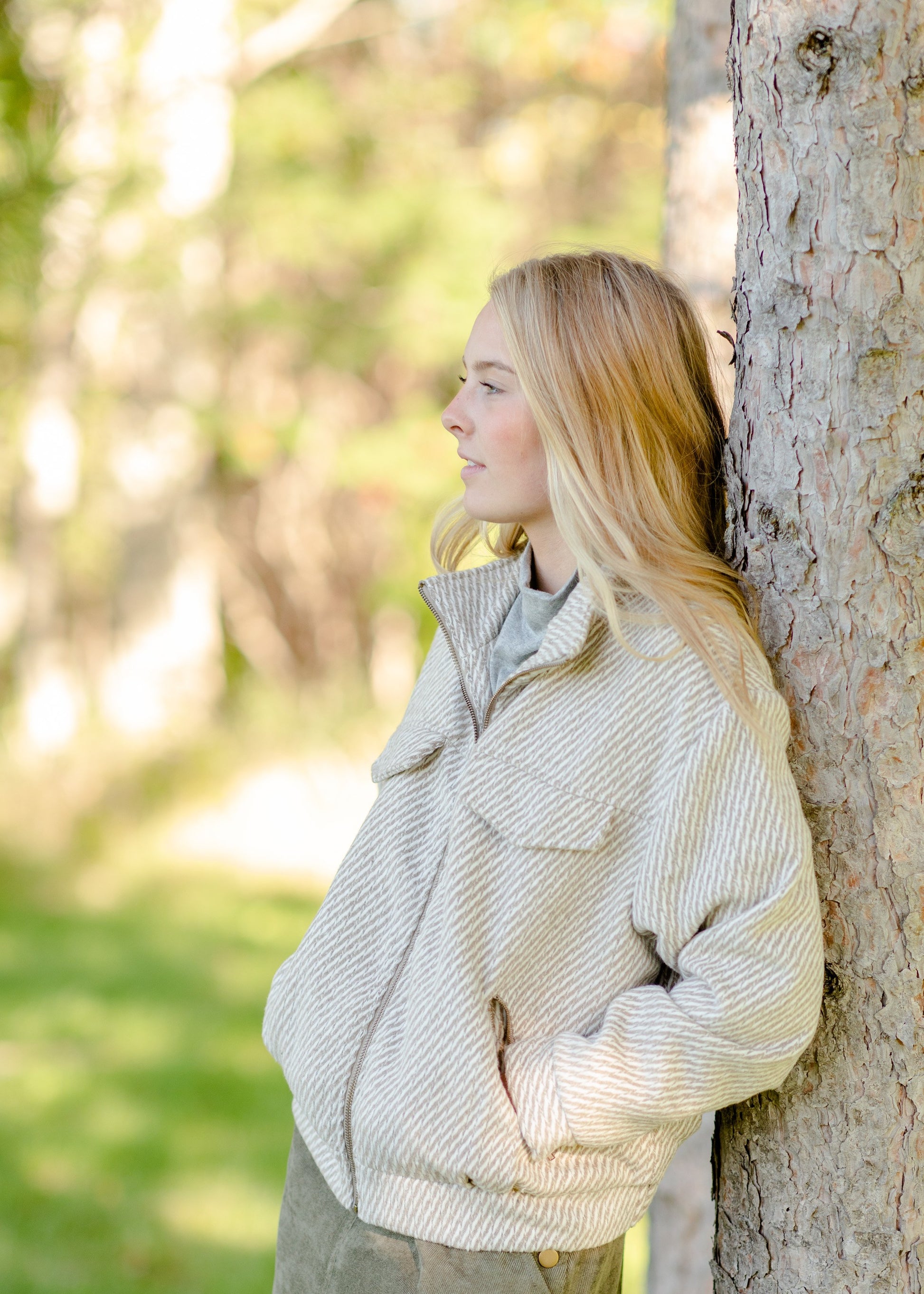 Taupe Collar Zipper Pocket Jacket Tops Pologram