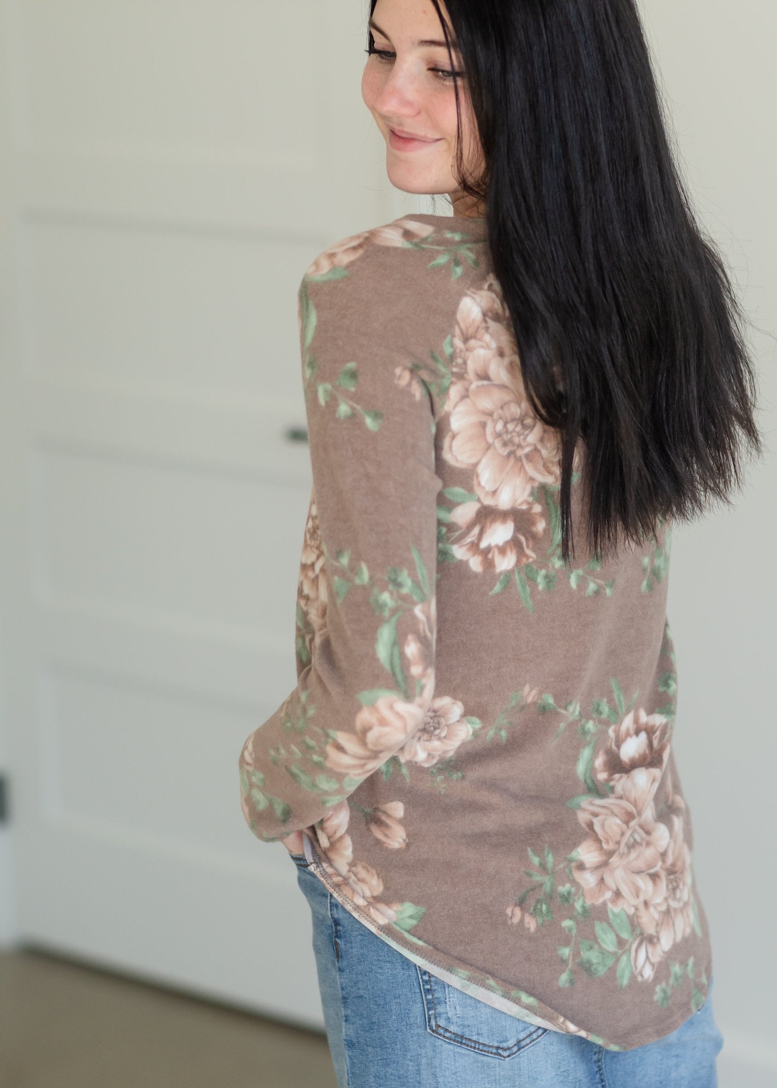 Taupe Floral Long Sleeve Hacci Knit Top Tops BOM BOM