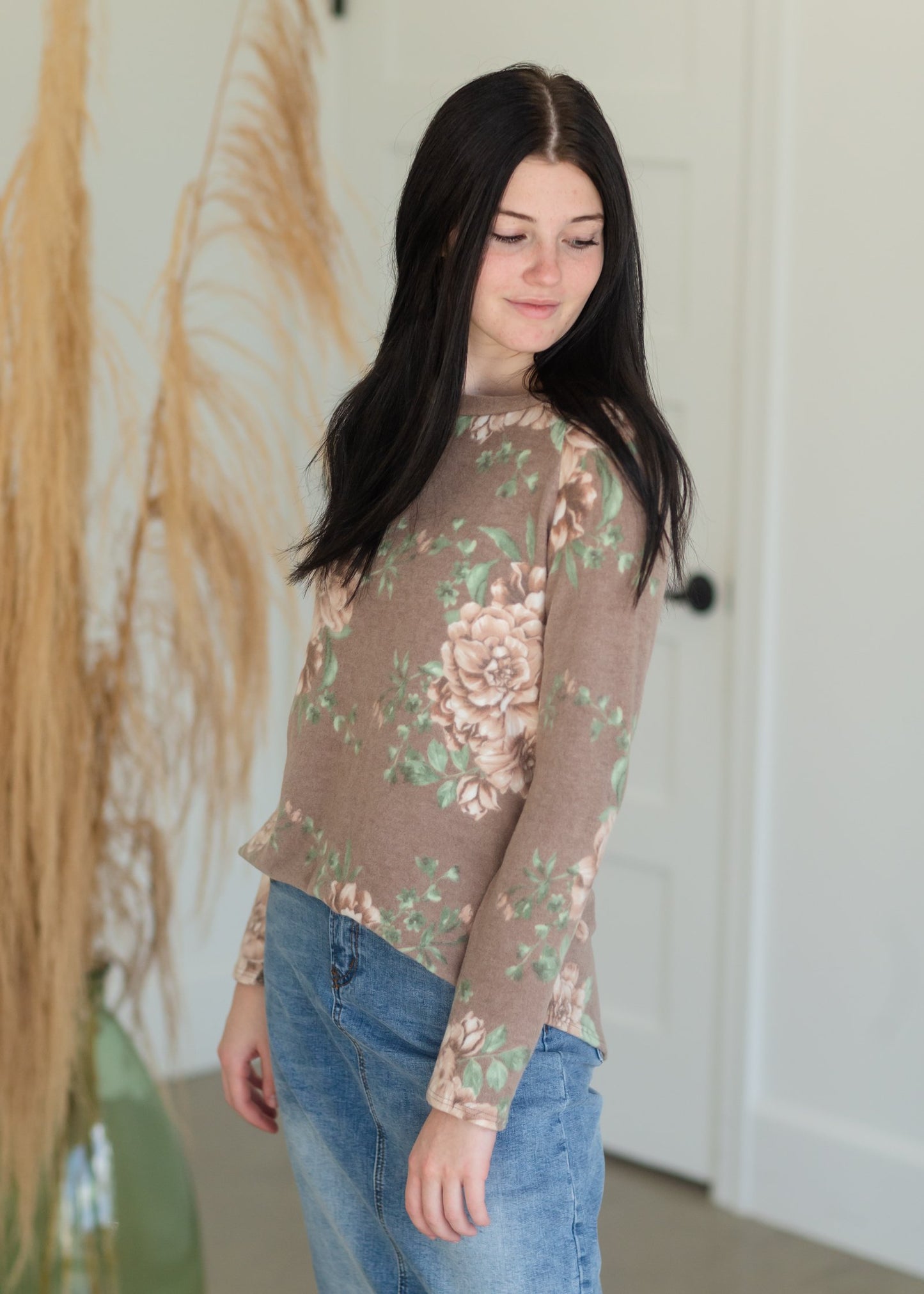 Taupe Floral Long Sleeve Hacci Knit Top Tops BOM BOM