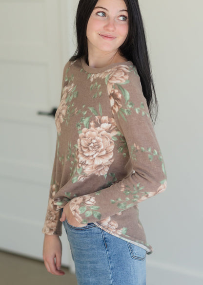 Taupe Floral Long Sleeve Hacci Knit Top Tops BOM BOM