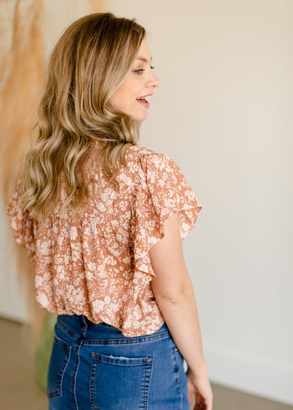 Taupe Floral Ruffle Printed Top Tops VOY