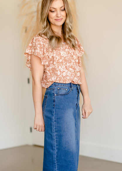 Taupe Floral Ruffle Printed Top Tops VOY