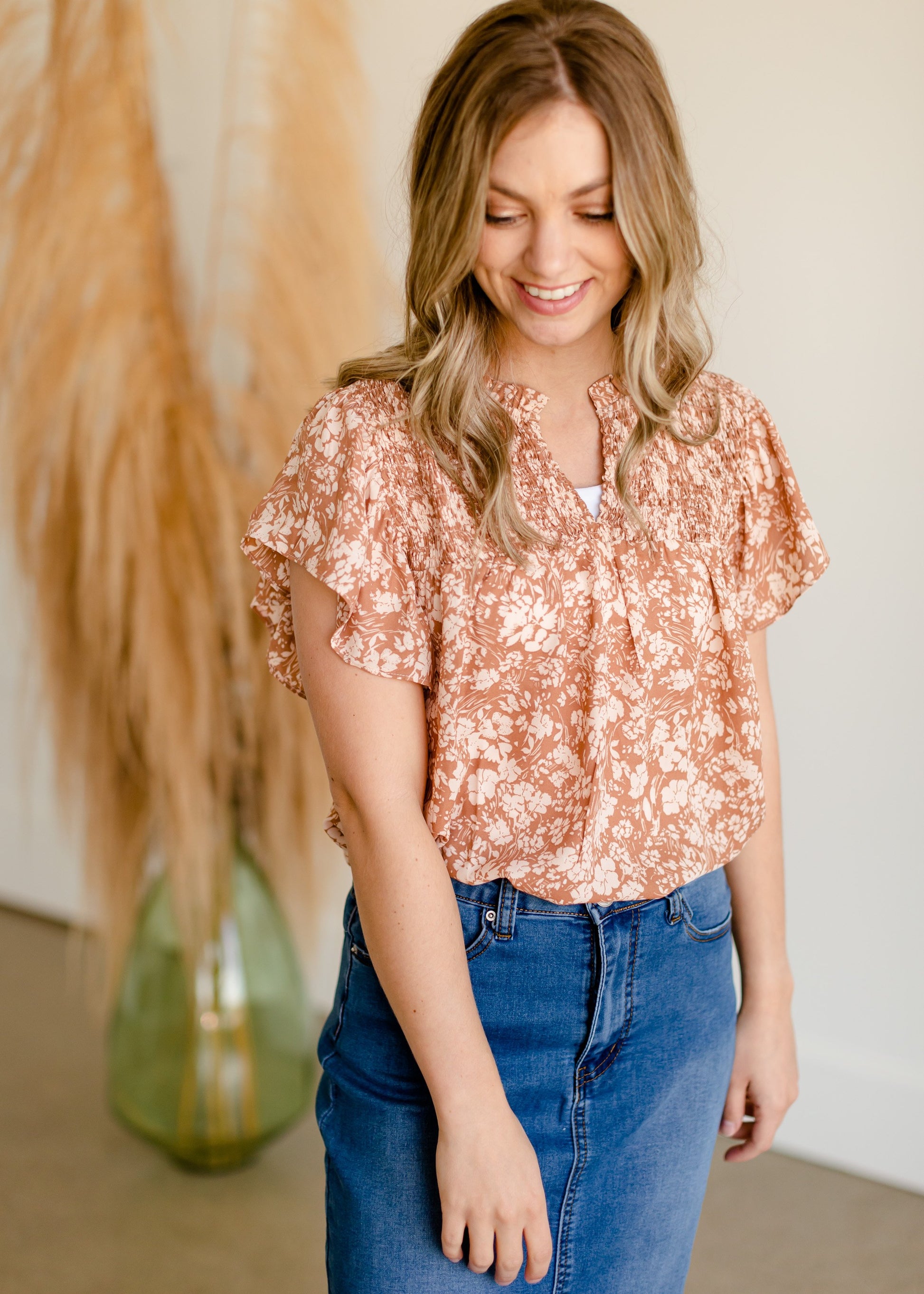 Taupe Floral Ruffle Printed Top Tops VOY