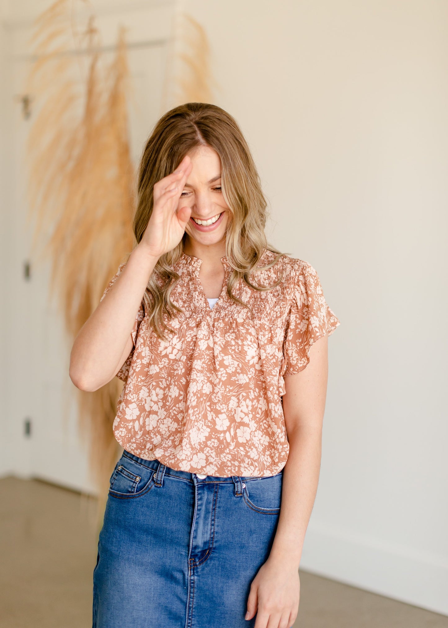 Taupe Floral Ruffle Printed Top Tops VOY